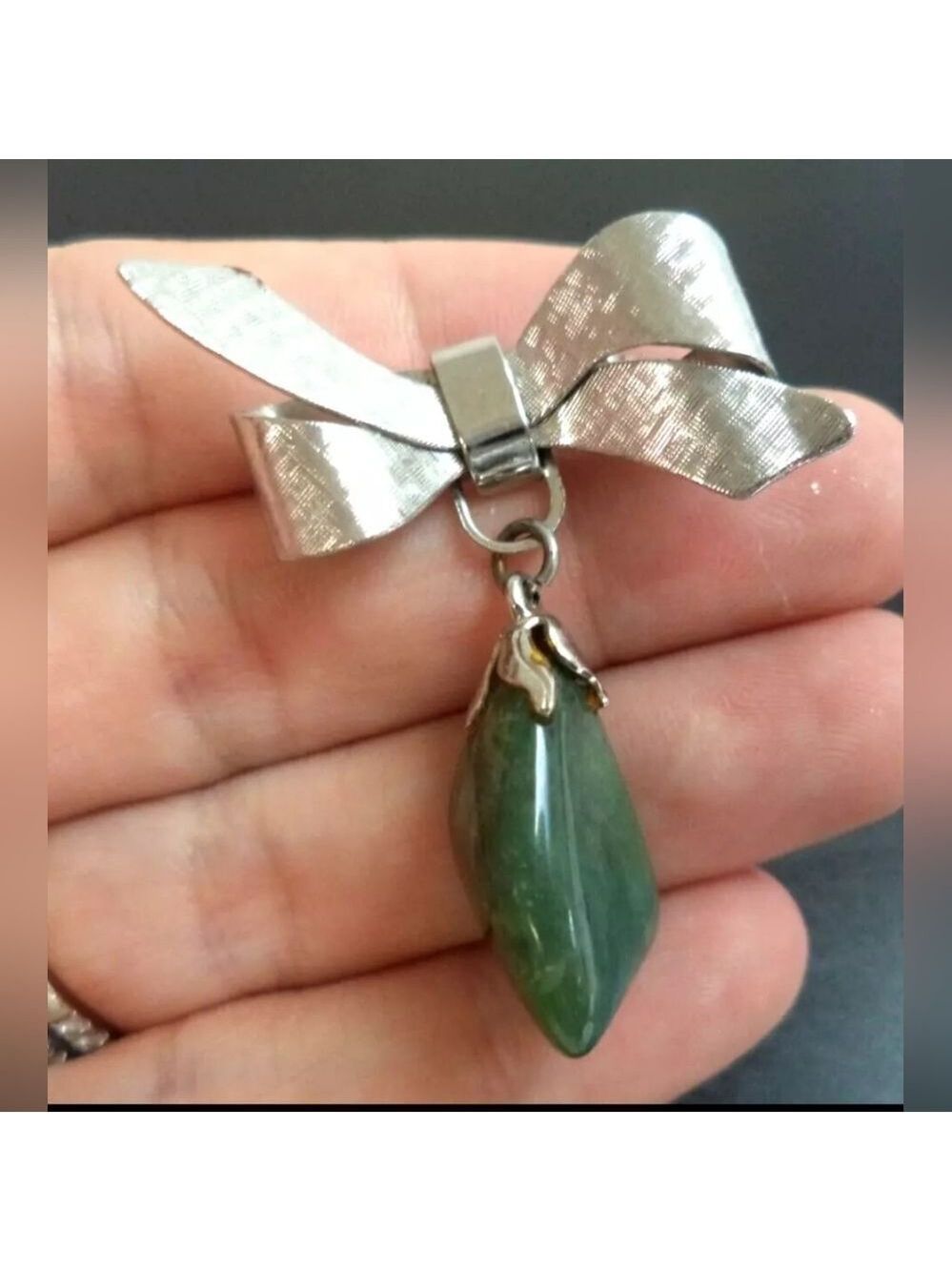 Elegant Silver Bow Pendant with Jade Gemstone 1 7/8